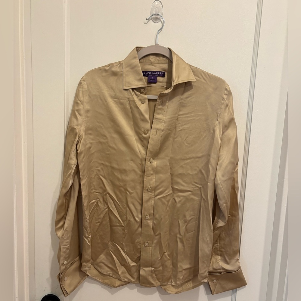Vintage Ralph Lauren Gold 100% Silk Button Blouse